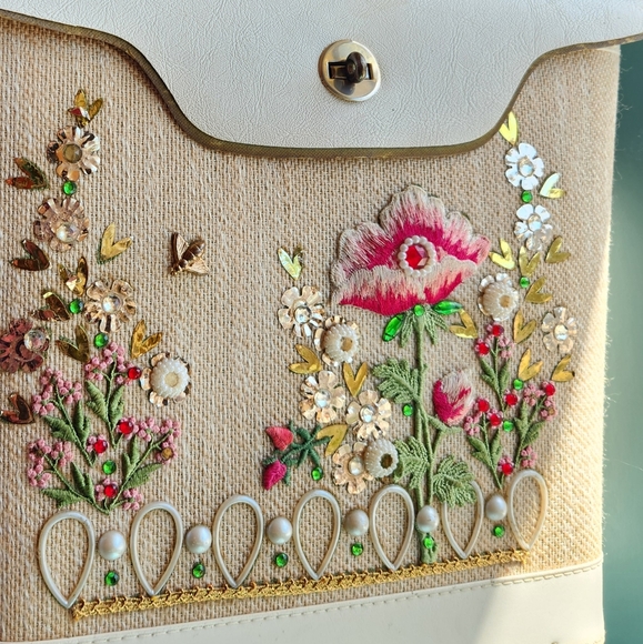Vtg 60s EC Style Antique DIY Box Purse Bucket Embroidery Flowers Glitzy Handbag - Picture 4 of 16
